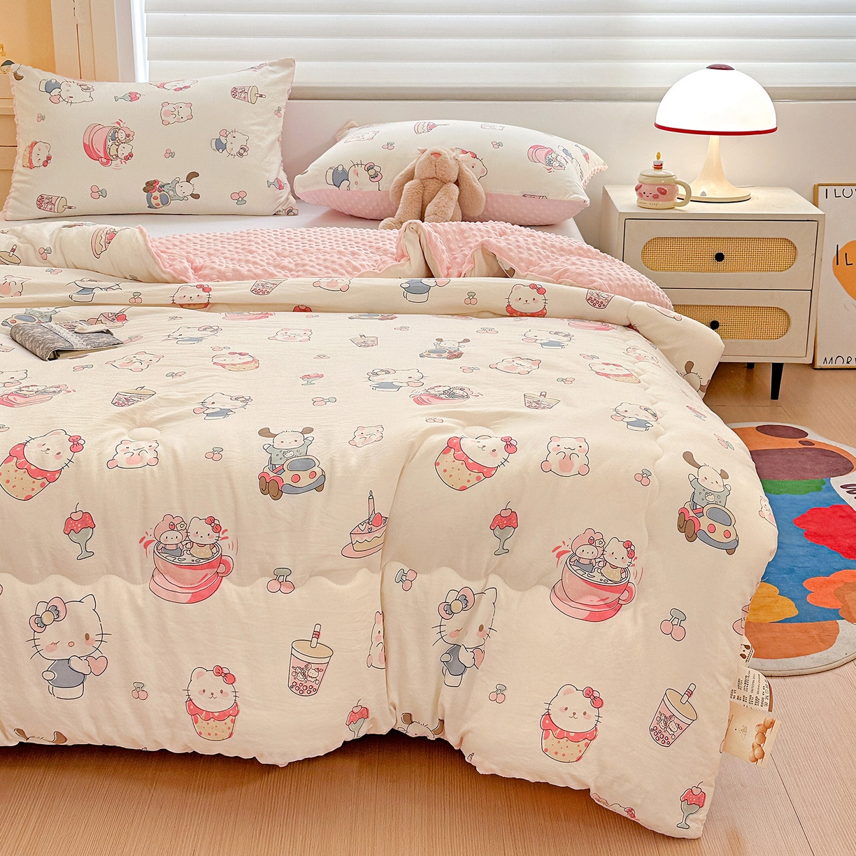 91家纺网 家纺一手货源 找家纺 昊川家纺 2025新款A类水洗双层纱豆豆被春秋被冬被被子被芯 奶猫