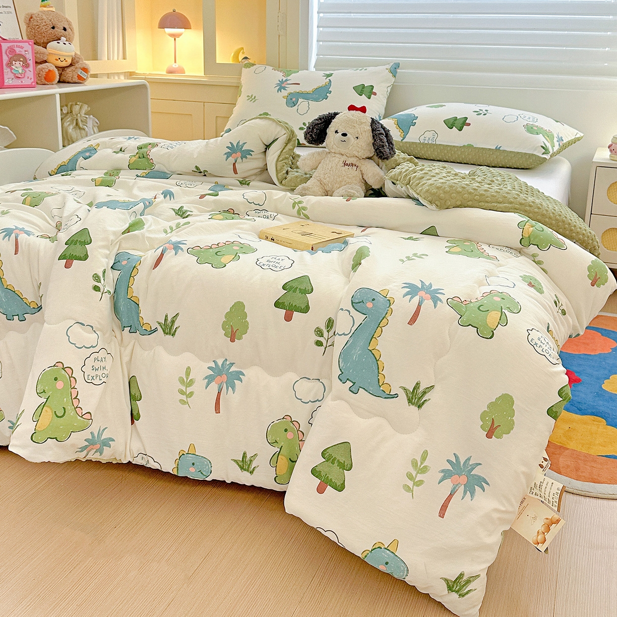 91家纺网 家纺一手货源 找家纺 昊川家纺 2025新款A类水洗双层纱豆豆被春秋被冬被被子被芯 恐龙星球