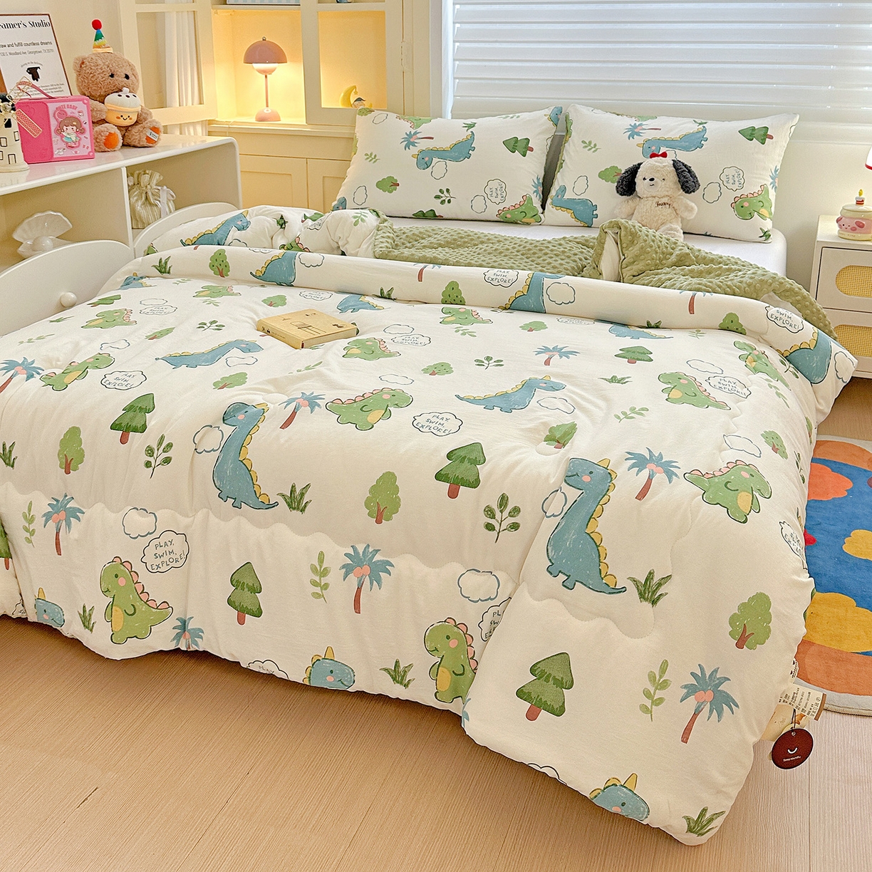 91家纺网 家纺一手货源 找家纺 昊川家纺 2025新款A类水洗双层纱豆豆被春秋被冬被被子被芯 恐龙星球