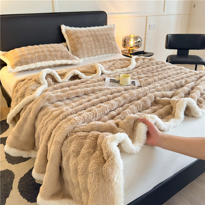 91家纺网 家纺一手货源 找家纺 2025新款泡泡绒毛毯仿兔毛绒毛毯毯子 科伦娜兔毛绒-咖