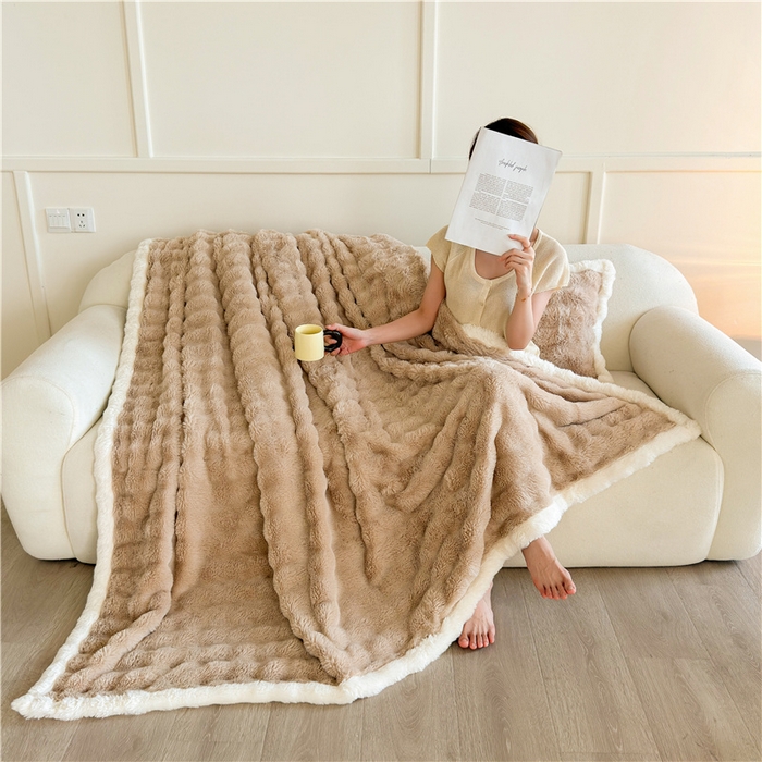 91家纺网 家纺一手货源 找家纺 2025新款泡泡绒毛毯仿兔毛绒毛毯毯子 科伦娜兔毛绒-咖