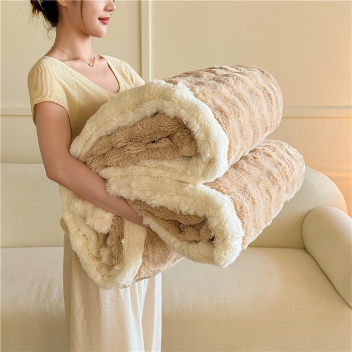 91家纺网 家纺一手货源 找家纺 2025新款泡泡绒毛毯仿兔毛绒毛毯毯子 科伦娜兔毛绒-咖
