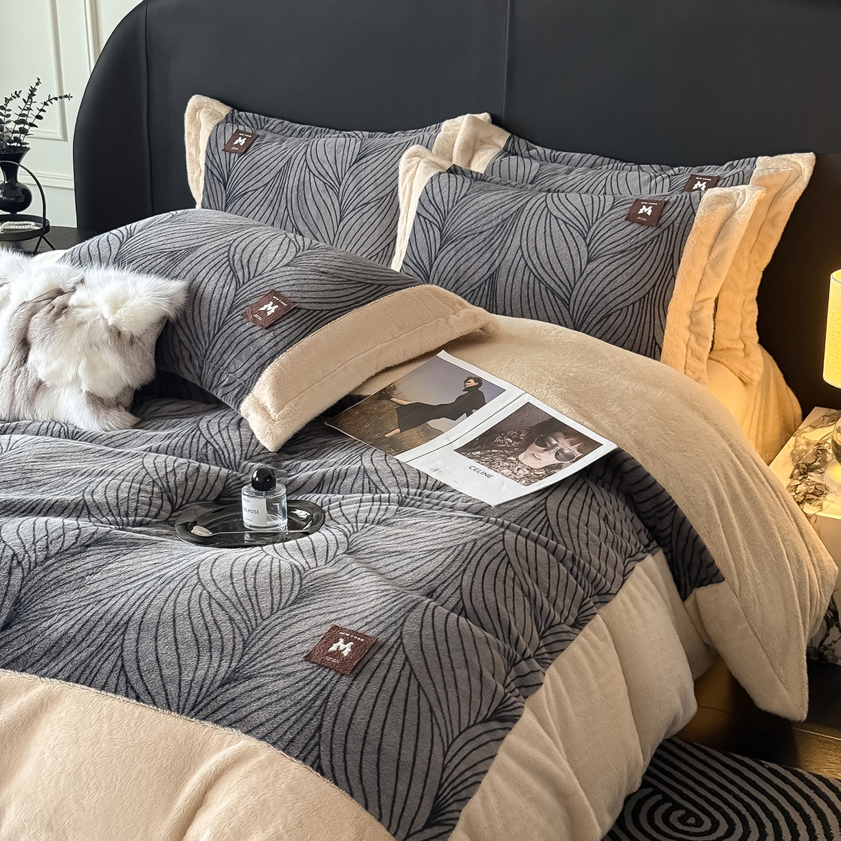 91家纺网 家纺一手货源 找家纺 懒猫家纺 2025新款轻奢拼角欧貂绒系列四件套 简欧-灰