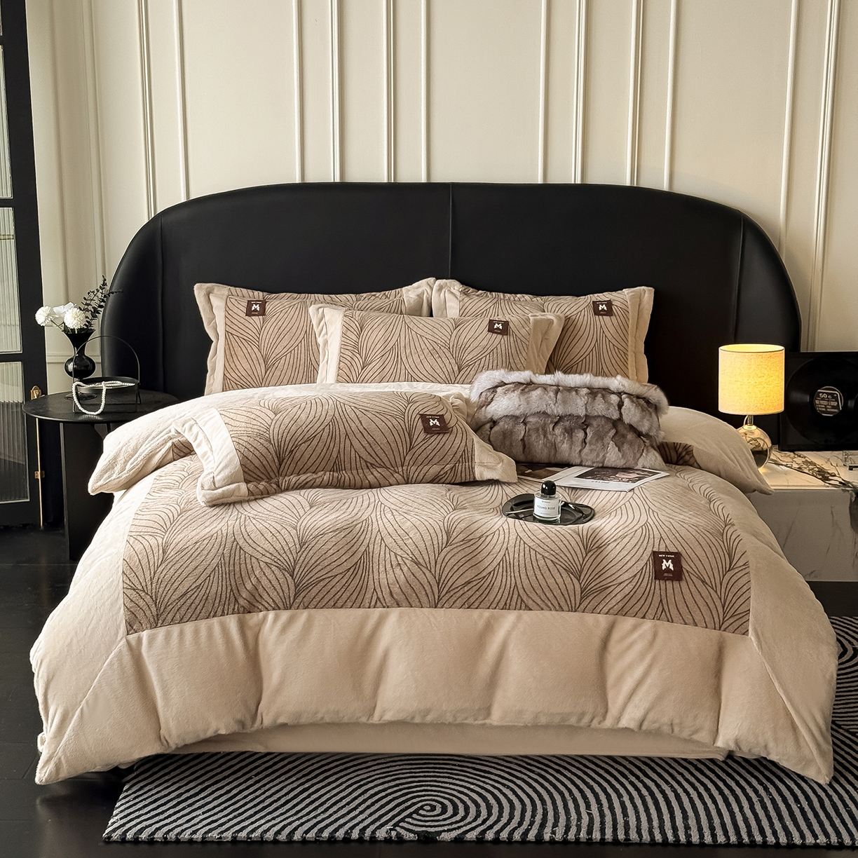 懒猫家纺 2025新款轻奢拼角欧貂绒系列四件套 简欧-咖