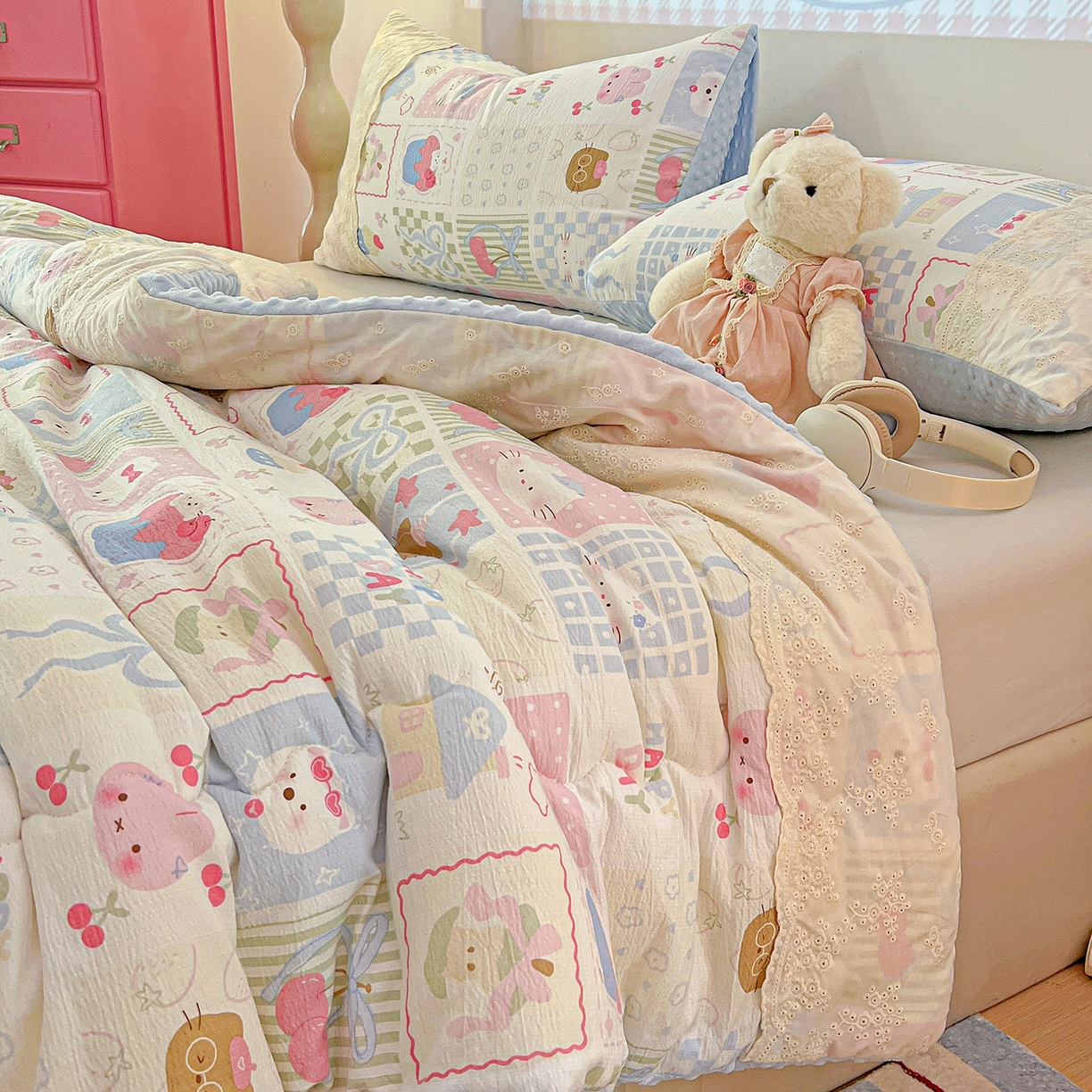 91家纺网 家纺一手货源 找家纺 昊川家纺 2025新款云感针织全棉花边豆豆被春秋被冬被被子被芯 奶油块块