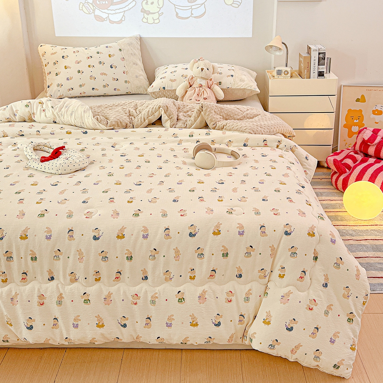 91家纺网 家纺一手货源 找家纺 昊川家纺 2025新款云感针织全棉花边豆豆被春秋被冬被被子被芯 兔子集合