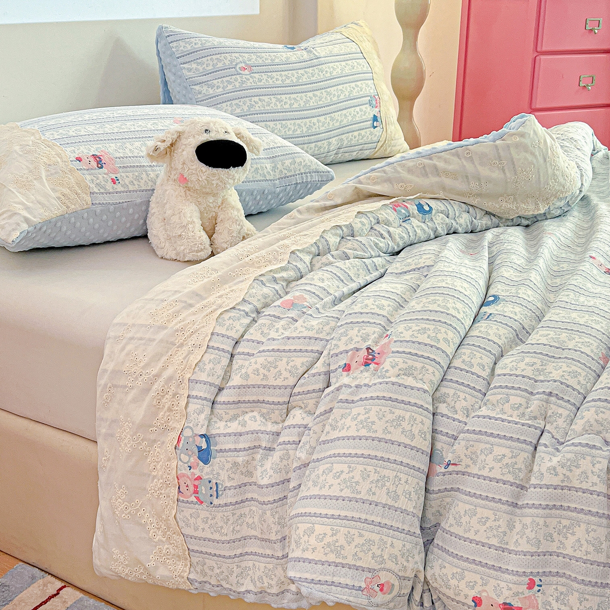 91家纺网 家纺一手货源 找家纺 昊川家纺 2025新款云感针织全棉花边豆豆被春秋被冬被被子被芯 小象宝宝