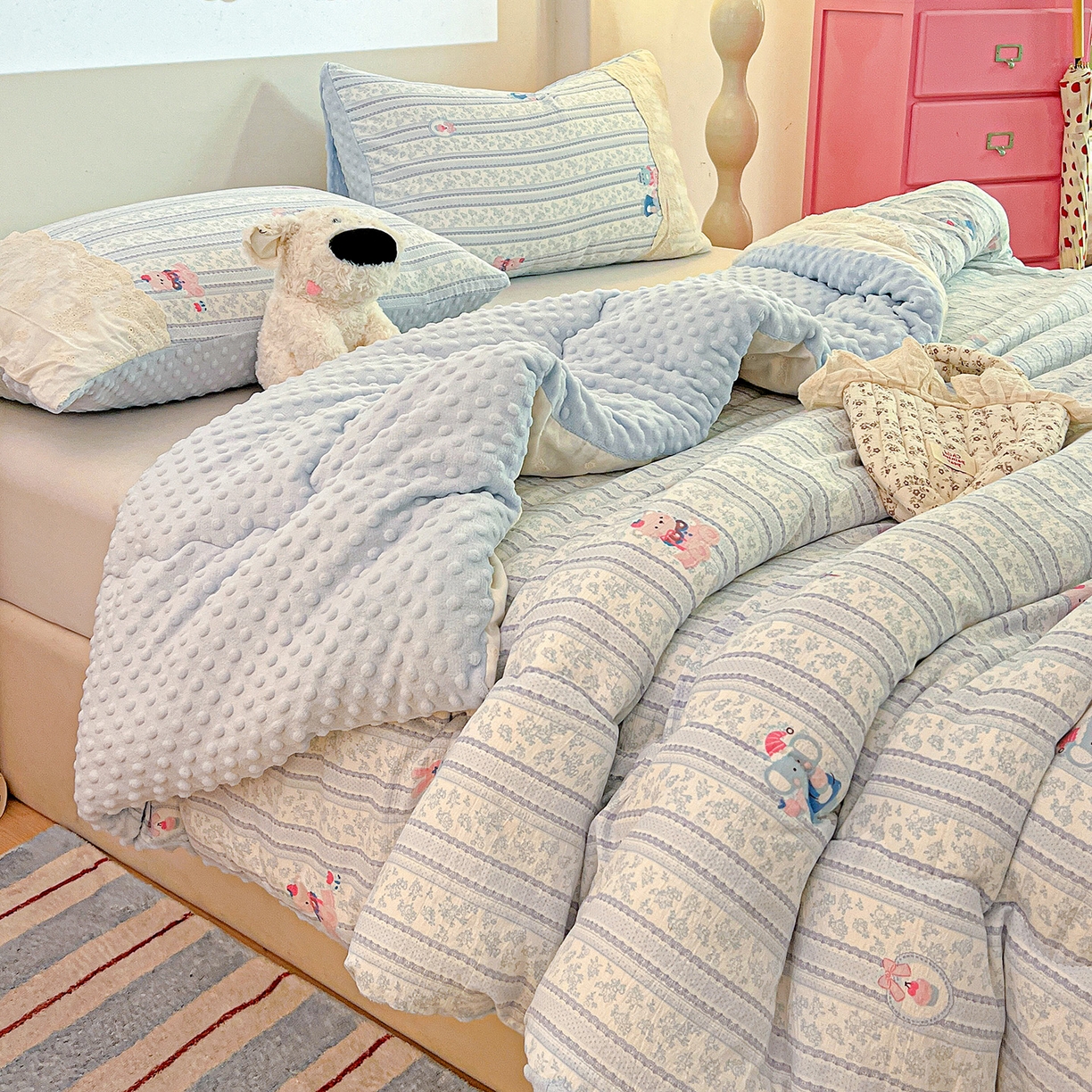 91家纺网 家纺一手货源 找家纺 昊川家纺 2025新款云感针织全棉花边豆豆被春秋被冬被被子被芯 小象宝宝