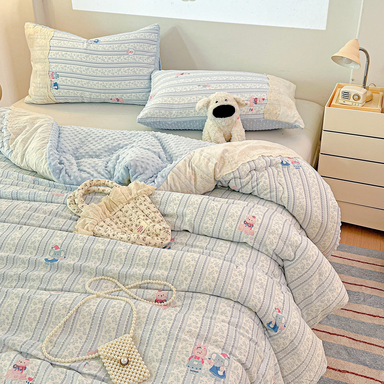 91家纺网 家纺一手货源 找家纺 昊川家纺 2025新款云感针织全棉花边豆豆被春秋被冬被被子被芯 小象宝宝