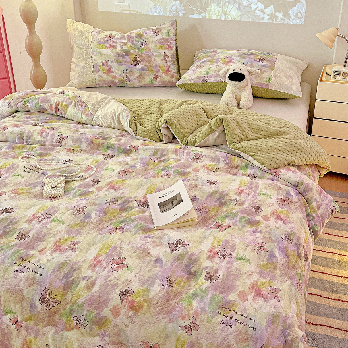 91家纺网 家纺一手货源 找家纺 昊川家纺 2025新款云感针织全棉花边豆豆被春秋被冬被被子被芯 油彩蝴蝶