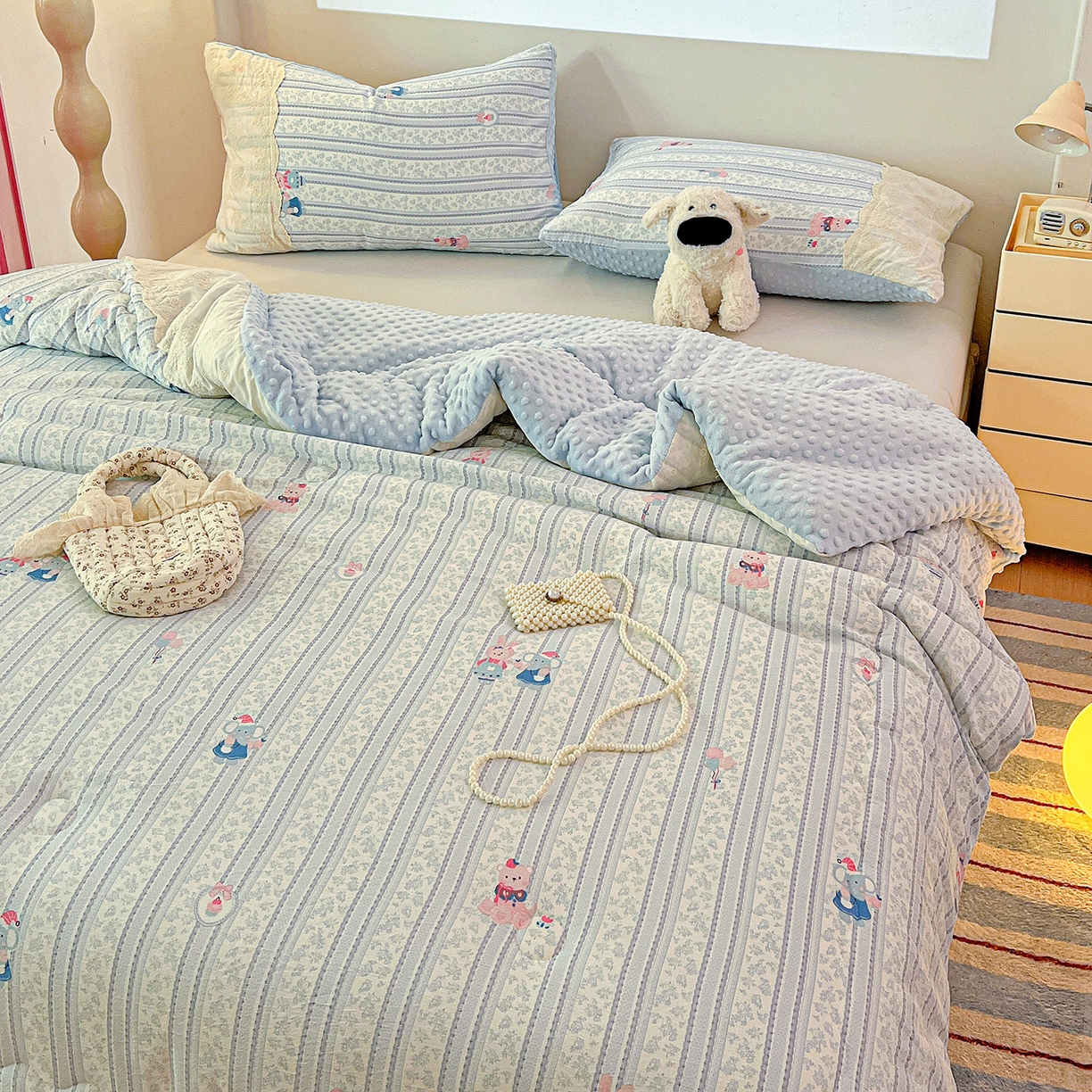 91家纺网 家纺一手货源 找家纺 昊川家纺 2025新款云感针织全棉花边豆豆被春秋被冬被被子被芯 小象宝宝