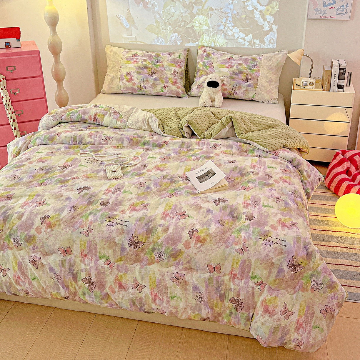 91家纺网 家纺一手货源 找家纺 昊川家纺 2025新款云感针织全棉花边豆豆被春秋被冬被被子被芯 油彩蝴蝶