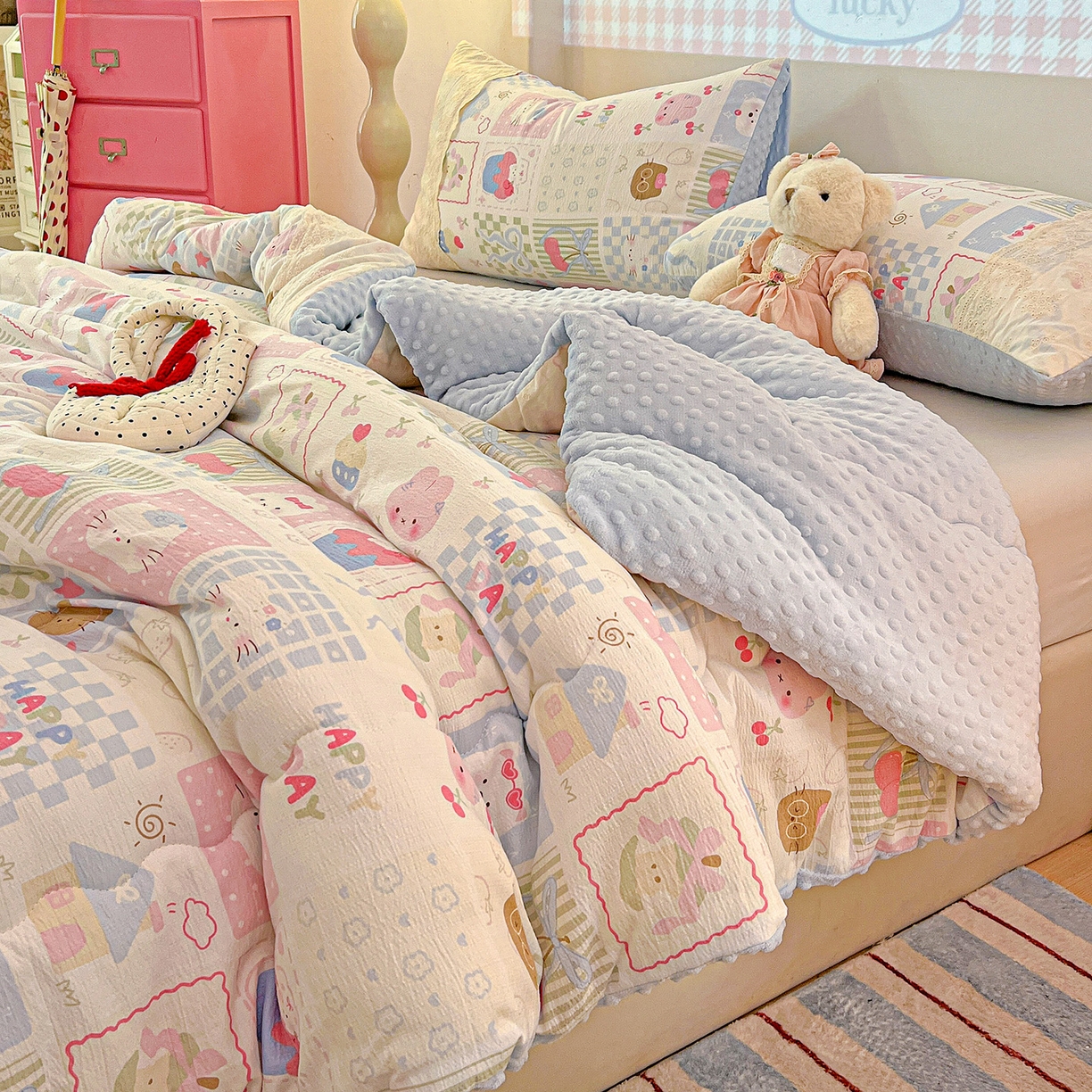 91家纺网 家纺一手货源 找家纺 昊川家纺 2025新款云感针织全棉花边豆豆被春秋被冬被被子被芯 奶油块块