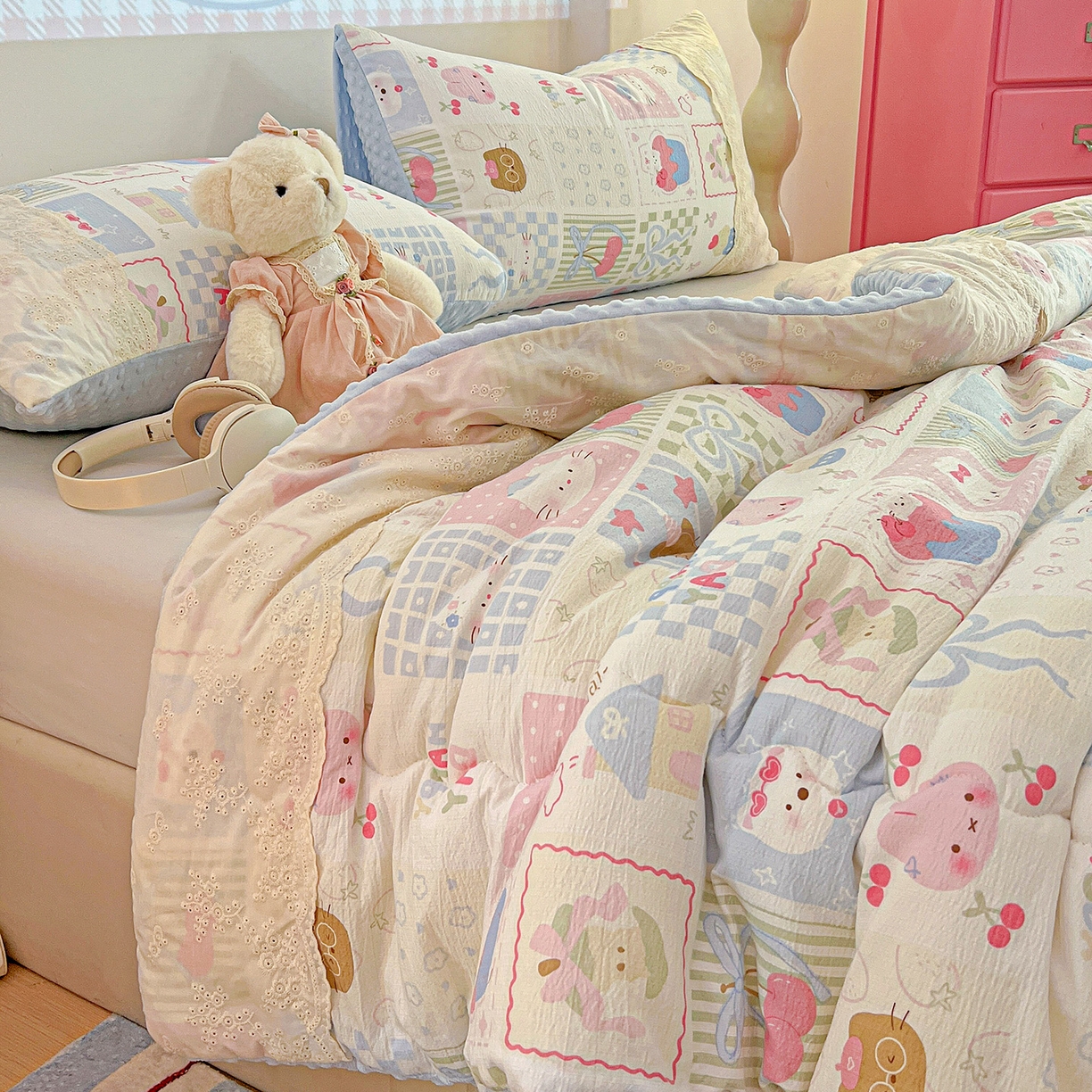 91家纺网 家纺一手货源 找家纺 昊川家纺 2025新款云感针织全棉花边豆豆被春秋被冬被被子被芯 奶油块块