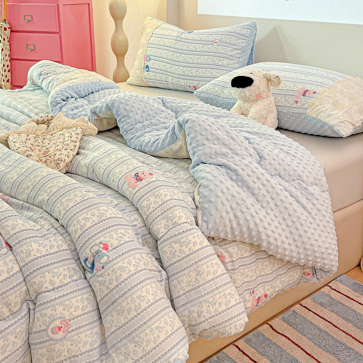 91家纺网 家纺一手货源 找家纺 昊川家纺 2025新款云感针织全棉花边豆豆被春秋被冬被被子被芯 小象宝宝