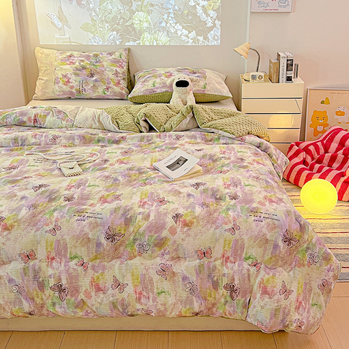 91家纺网 家纺一手货源 找家纺 昊川家纺 2025新款云感针织全棉花边豆豆被春秋被冬被被子被芯 油彩蝴蝶