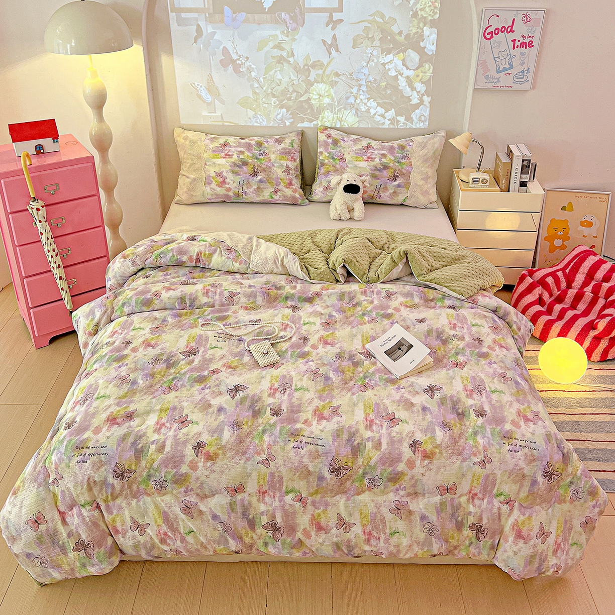 91家纺网 家纺一手货源 找家纺 昊川家纺 2025新款云感针织全棉花边豆豆被春秋被冬被被子被芯 油彩蝴蝶