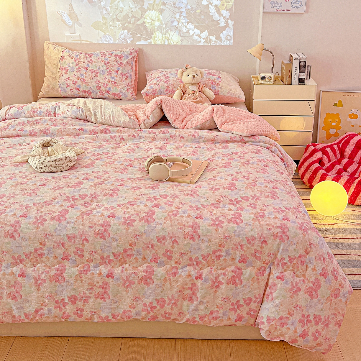 91家纺网 家纺一手货源 找家纺 昊川家纺 2025新款云感针织全棉花边豆豆被春秋被冬被被子被芯 十里桃花