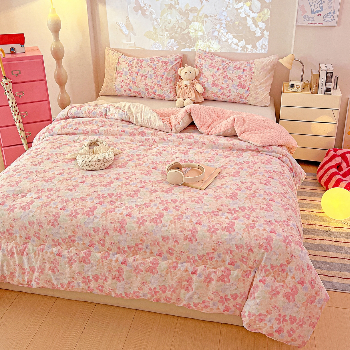 91家纺网 家纺一手货源 找家纺 昊川家纺 2025新款云感针织全棉花边豆豆被春秋被冬被被子被芯 十里桃花