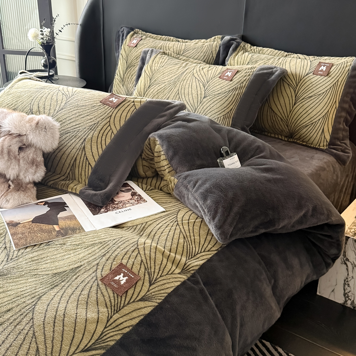 91家纺网 家纺一手货源 找家纺 懒猫家纺 2025新款轻奢拼角欧貂绒系列四件套 简欧-绿