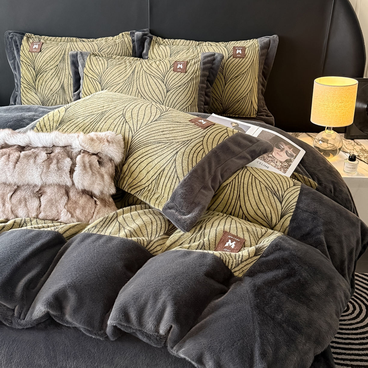 91家纺网 家纺一手货源 找家纺 懒猫家纺 2025新款轻奢拼角欧貂绒系列四件套 简欧-绿