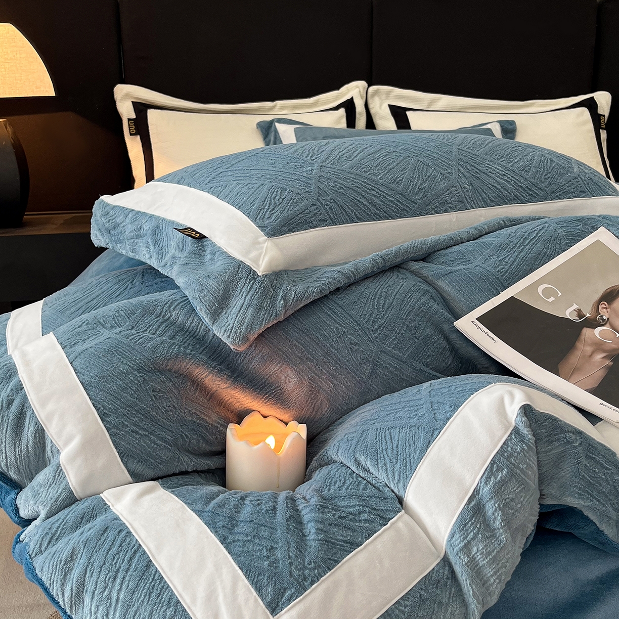 91家纺网 家纺一手货源 找家纺 吾秀家居 2025新款手工织带工艺款雕花牛奶绒烂花四件套 - 绽放 绽放-叶纹兰