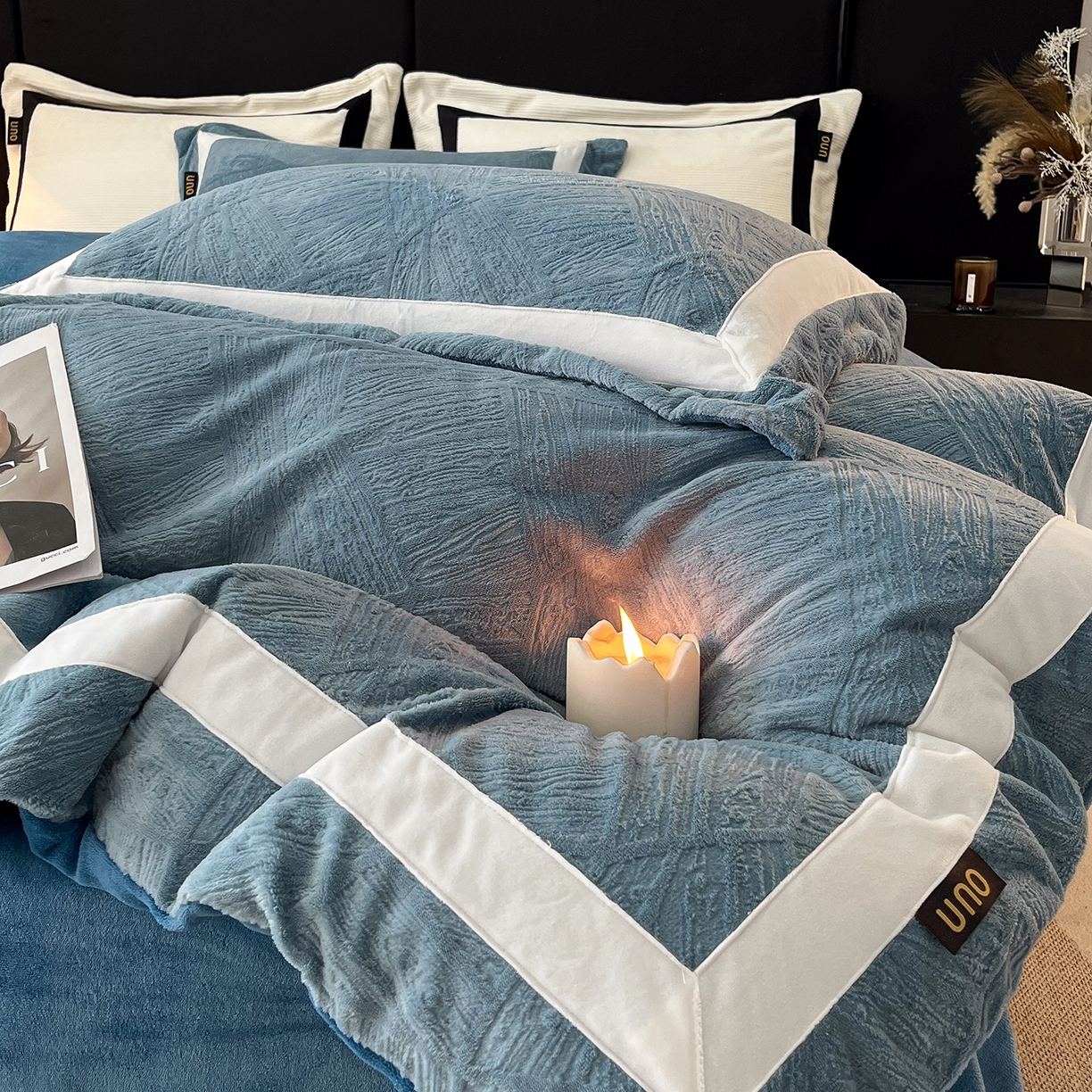 91家纺网 家纺一手货源 找家纺 吾秀家居 2025新款手工织带工艺款雕花牛奶绒烂花四件套 - 绽放 绽放-叶纹兰