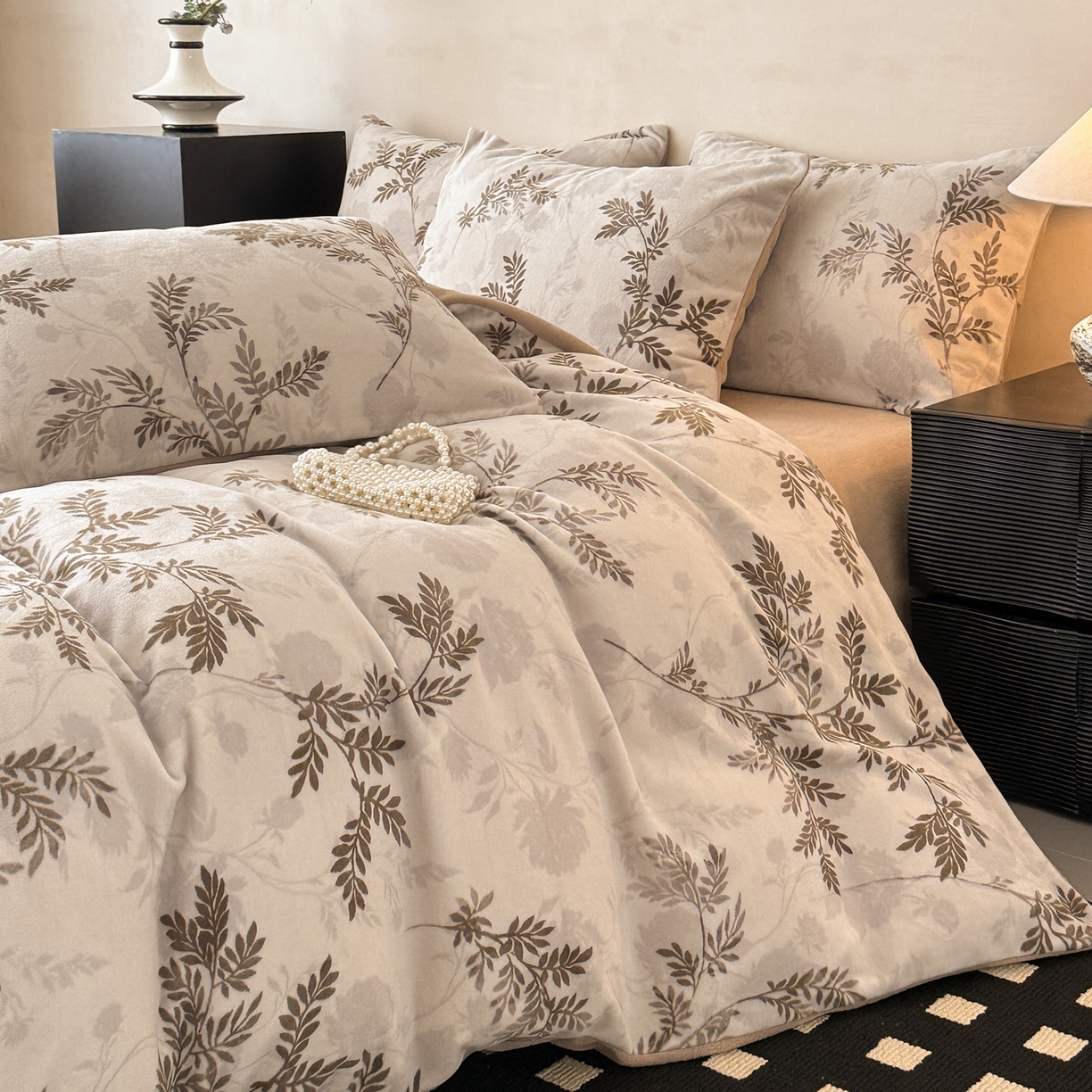 91家纺网 家纺一手货源 找家纺 懒猫家纺 2025新款印花海獭绒加厚保暖四件套 叶纷飞