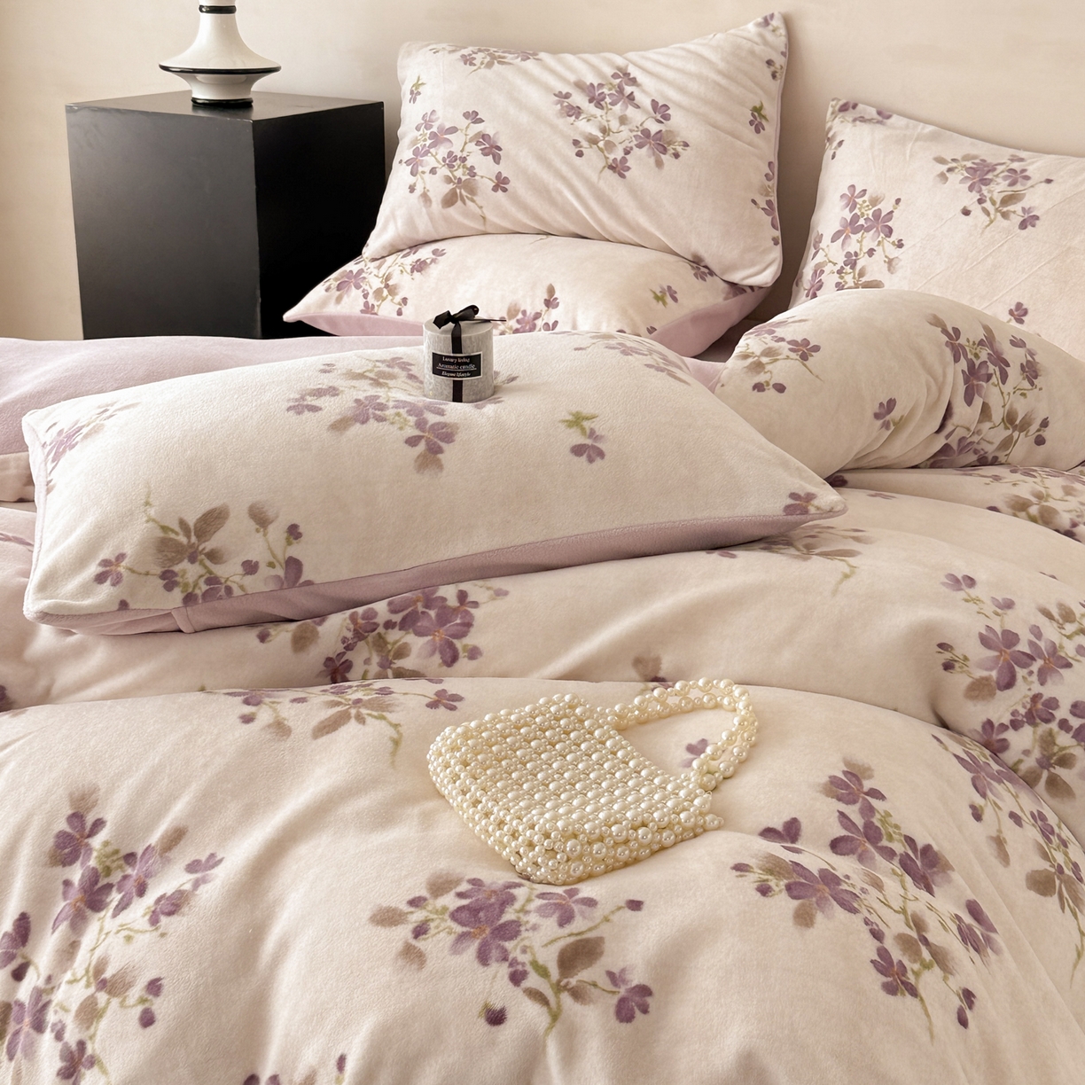 91家纺网 家纺一手货源 找家纺 懒猫家纺 2025新款印花海獭绒加厚保暖四件套 紫藤花