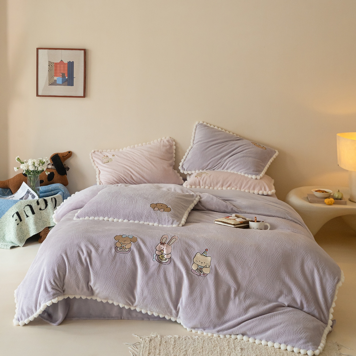 圆岛家纺 2025新款针织肌理纹雕花立体牛奶绒刺绣四件套 甜品物语