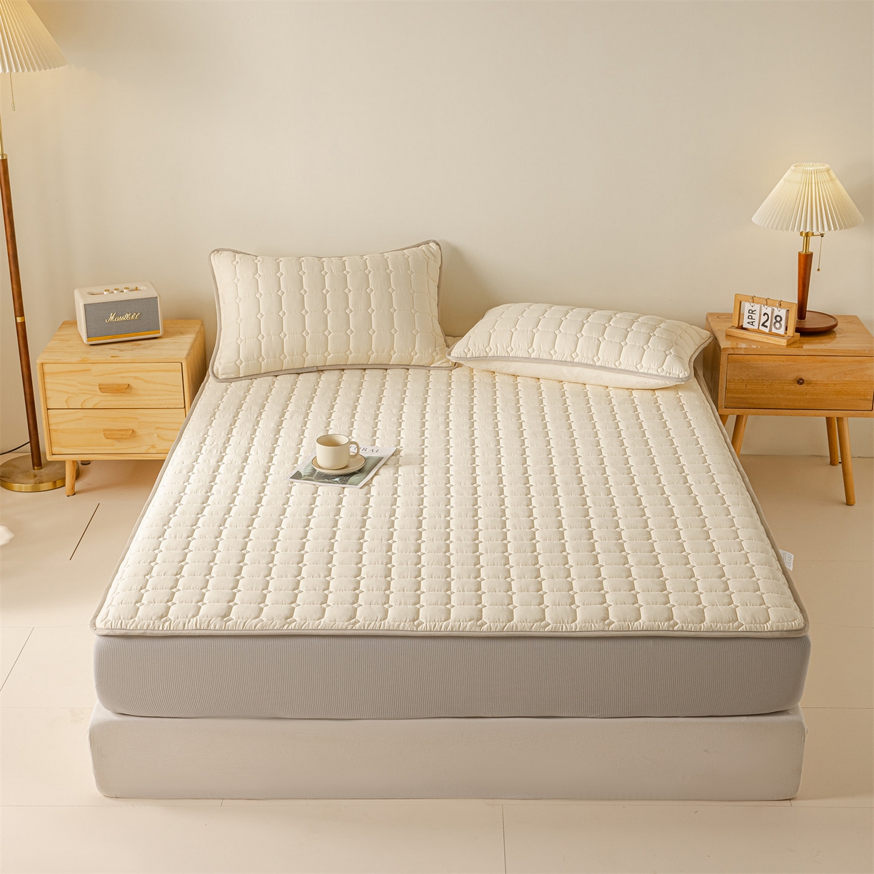 2025新款全棉牛奶绒双面款夹棉床笠 奶油白