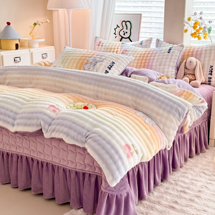 91家纺网 家纺一手货源 找家纺 金盛皇朝家纺 2025新款高克重仿兔毛泡泡牛奶绒床单床盖单件三件四件套 樱桃密语