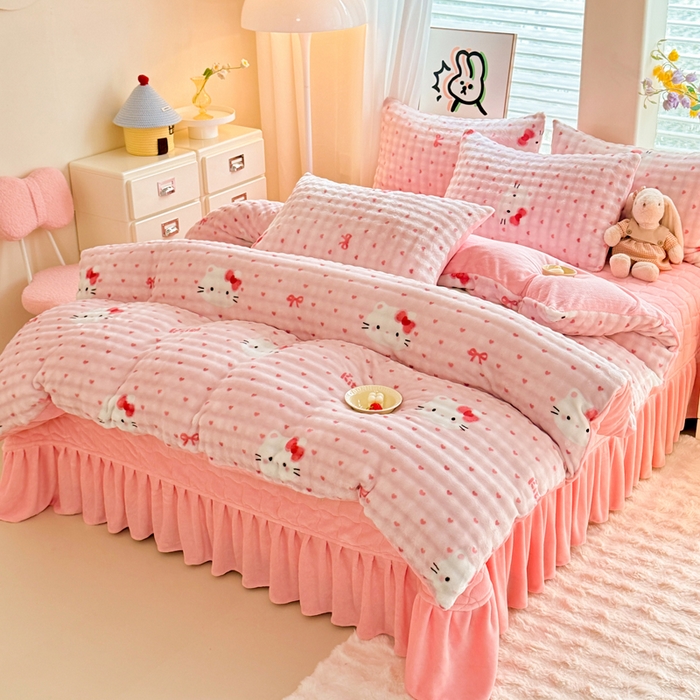 91家纺网 家纺一手货源 找家纺 金盛皇朝家纺 2025新款高克重仿兔毛泡泡牛奶绒床单床盖单件三件四件套 奶绒猫语