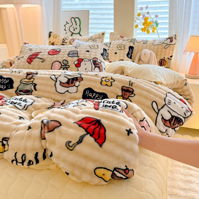 91家纺网 家纺一手货源 找家纺 金盛皇朝家纺 2025新款高克重仿兔毛泡泡牛奶绒床单床盖单件三件四件套 快乐猫咪