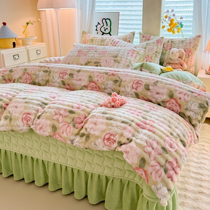 91家纺网 家纺一手货源 找家纺 金盛皇朝家纺 2025新款高克重仿兔毛泡泡牛奶绒床单床盖单件三件四件套 碧花漫缀