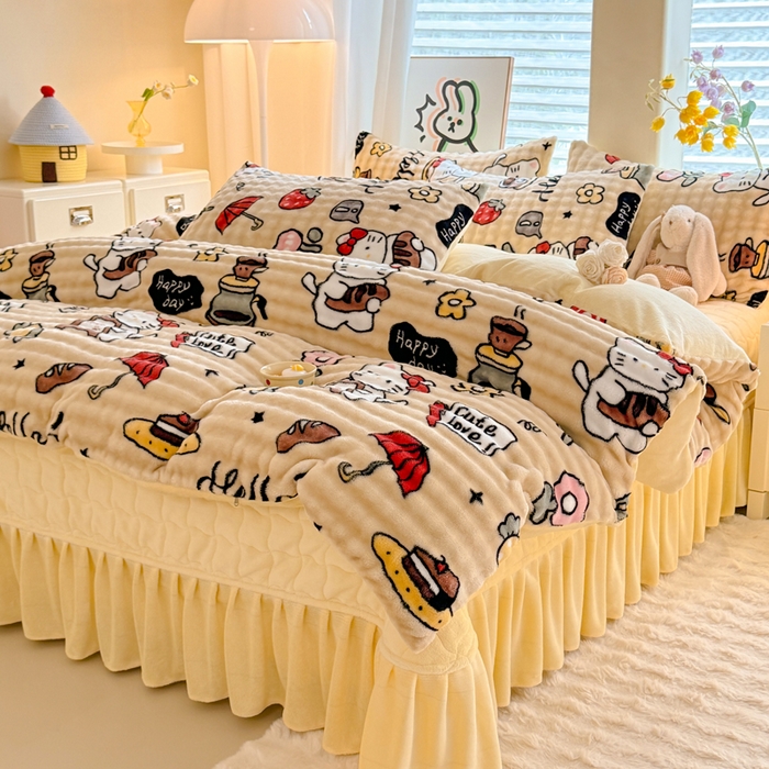 91家纺网 家纺一手货源 找家纺 金盛皇朝家纺 2025新款高克重仿兔毛泡泡牛奶绒床单床盖单件三件四件套 快乐猫咪