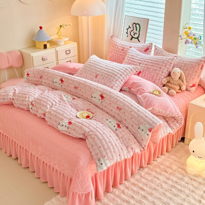 91家纺网 家纺一手货源 找家纺 金盛皇朝家纺 2025新款高克重仿兔毛泡泡牛奶绒床单床盖单件三件四件套 奶绒猫语