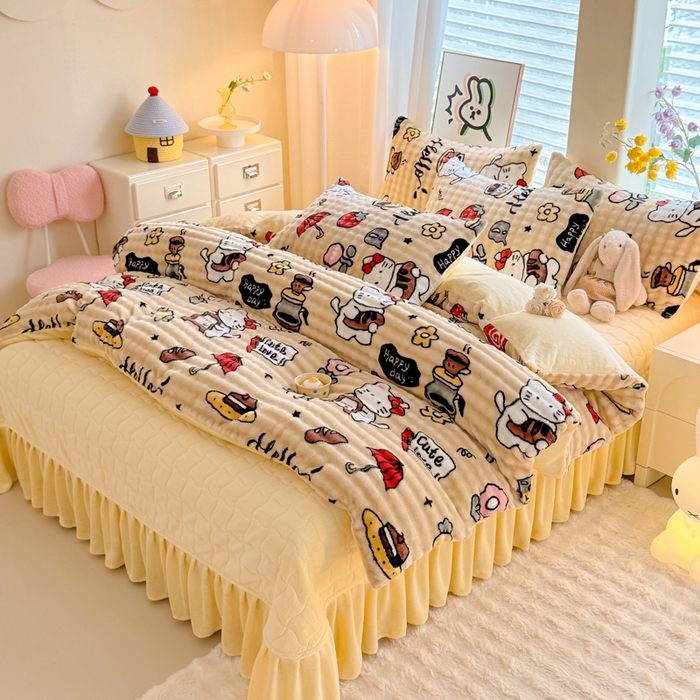 91家纺网 家纺一手货源 找家纺 金盛皇朝家纺 2025新款高克重仿兔毛泡泡牛奶绒床单床盖单件三件四件套 快乐猫咪