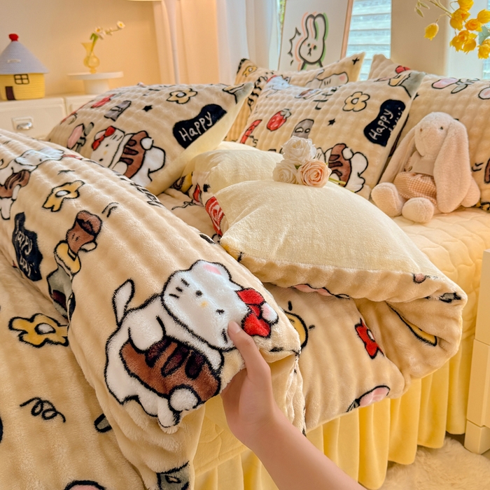 91家纺网 家纺一手货源 找家纺 金盛皇朝家纺 2025新款高克重仿兔毛泡泡牛奶绒床单床盖单件三件四件套 快乐猫咪