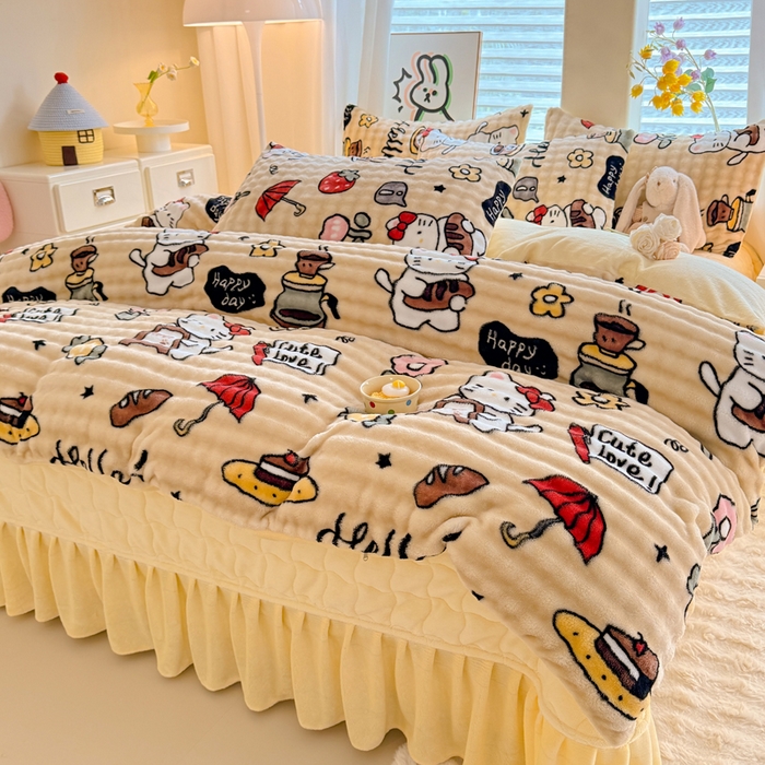 91家纺网 家纺一手货源 找家纺 金盛皇朝家纺 2025新款高克重仿兔毛泡泡牛奶绒床单床盖单件三件四件套 快乐猫咪