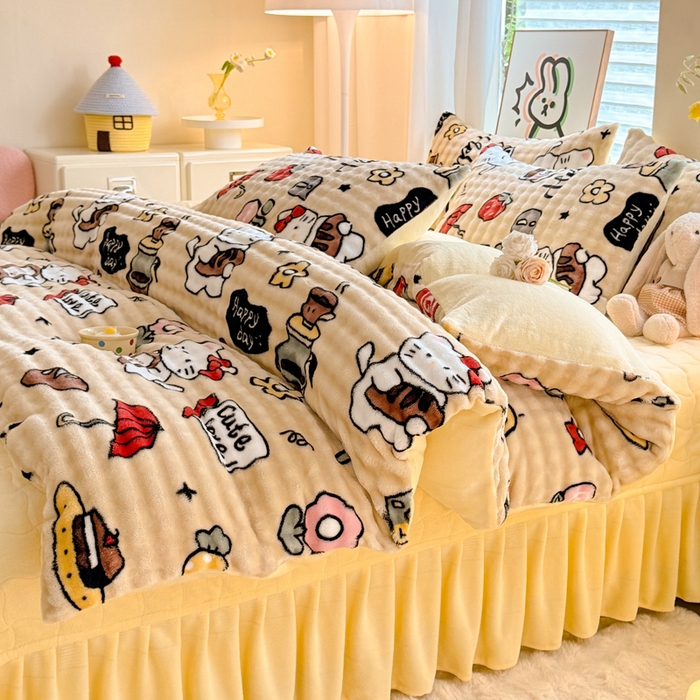 91家纺网 家纺一手货源 找家纺 金盛皇朝家纺 2025新款高克重仿兔毛泡泡牛奶绒床单床盖单件三件四件套 快乐猫咪