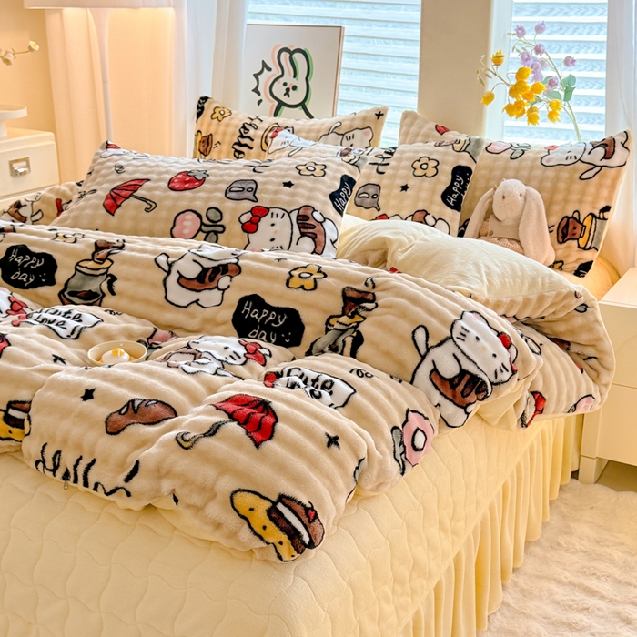 91家纺网 家纺一手货源 找家纺 金盛皇朝家纺 2025新款高克重仿兔毛泡泡牛奶绒床单床盖单件三件四件套 快乐猫咪