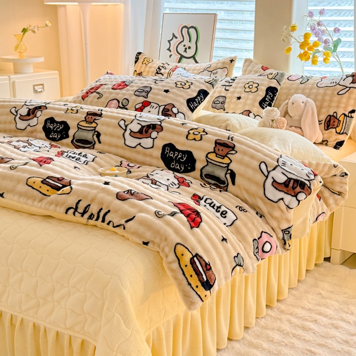 91家纺网 家纺一手货源 找家纺 金盛皇朝家纺 2025新款高克重仿兔毛泡泡牛奶绒床单床盖单件三件四件套 快乐猫咪