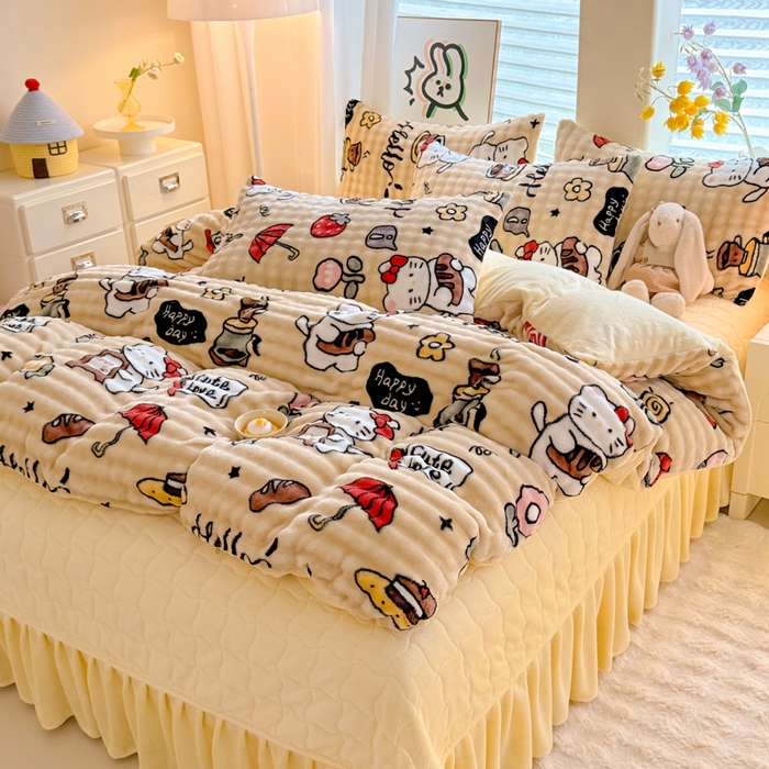 91家纺网 家纺一手货源 找家纺 金盛皇朝家纺 2025新款高克重仿兔毛泡泡牛奶绒床单床盖单件三件四件套 快乐猫咪