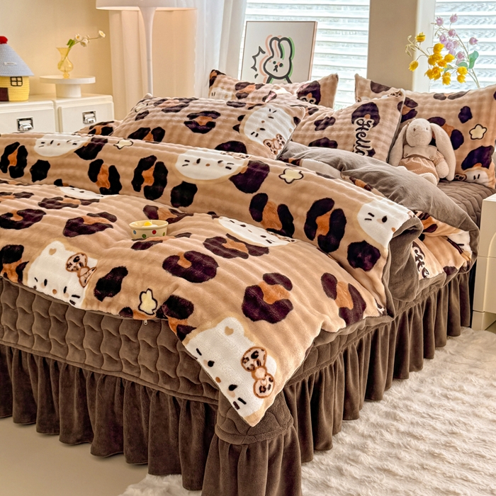 91家纺网 家纺一手货源 找家纺 金盛皇朝家纺 2025新款高克重仿兔毛泡泡牛奶绒床单床盖单件三件四件套 豹纹猫仔