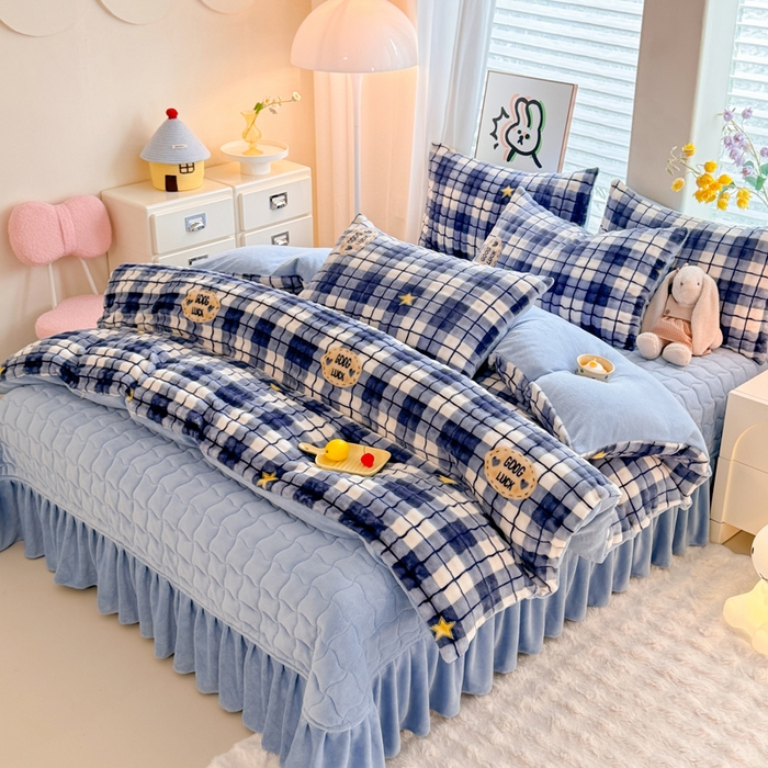 91家纺网 家纺一手货源 找家纺 金盛皇朝家纺 2025新款高克重仿兔毛泡泡牛奶绒床单床盖单件三件四件套 蓝格星语