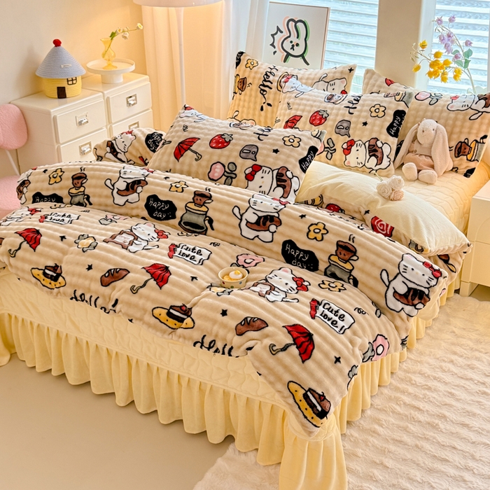 91家纺网 家纺一手货源 找家纺 金盛皇朝家纺 2025新款高克重仿兔毛泡泡牛奶绒床单床盖单件三件四件套 快乐猫咪