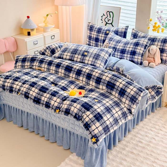 91家纺网 家纺一手货源 找家纺 金盛皇朝家纺 2025新款高克重仿兔毛泡泡牛奶绒床单床盖单件三件四件套 蓝格星语