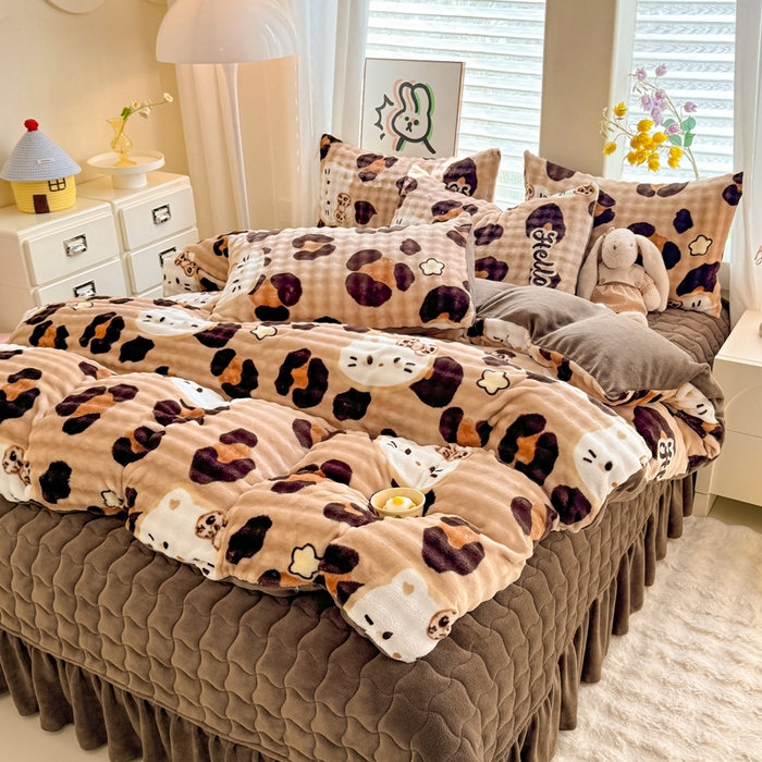 91家纺网 家纺一手货源 找家纺 金盛皇朝家纺 2025新款高克重仿兔毛泡泡牛奶绒床单床盖单件三件四件套 豹纹猫仔