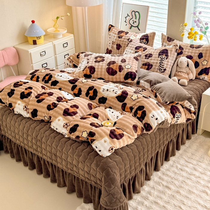 91家纺网 家纺一手货源 找家纺 金盛皇朝家纺 2025新款高克重仿兔毛泡泡牛奶绒床单床盖单件三件四件套 豹纹猫仔